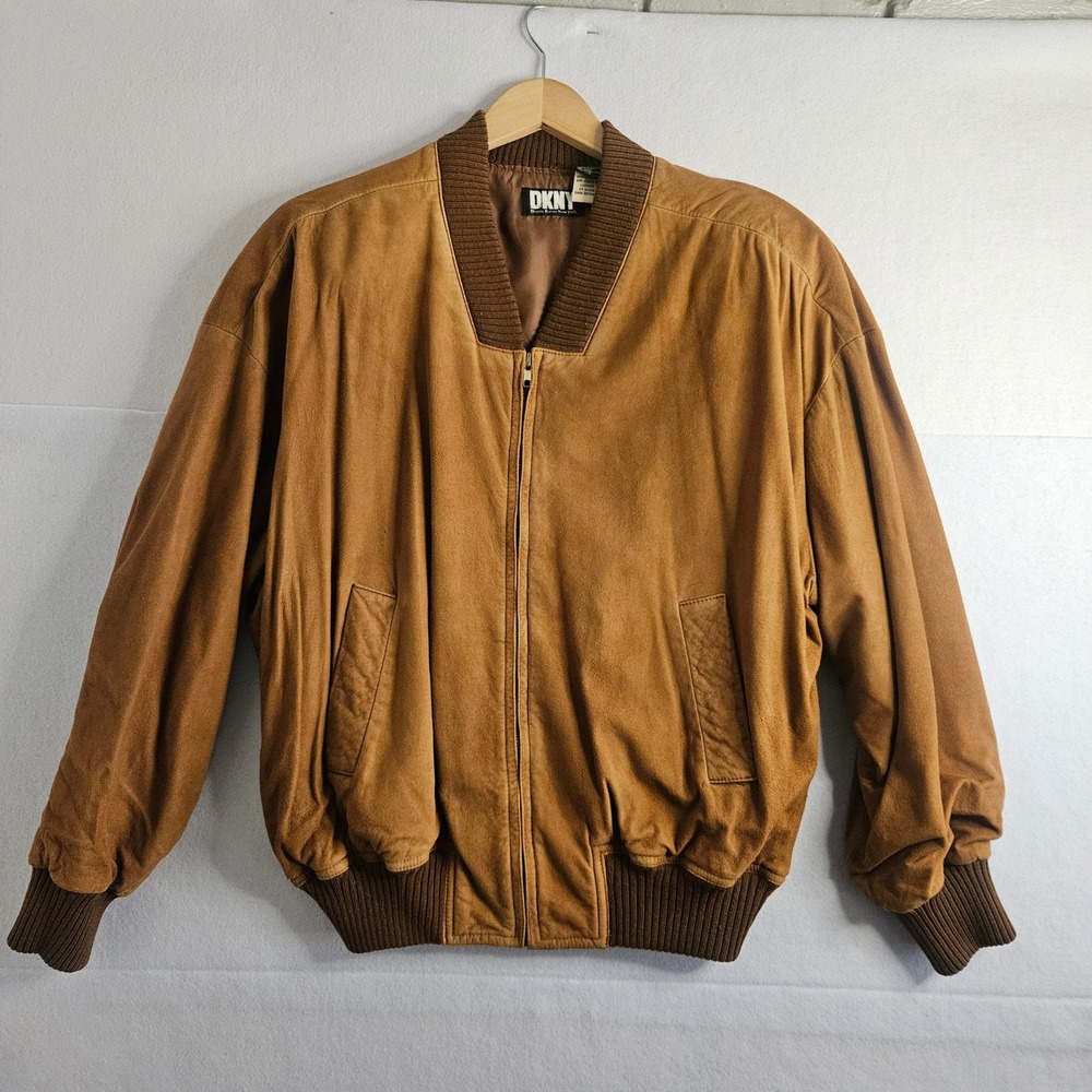 DKNY Donna Karan Vtg Suede Leather Bomber Jacket Womens Brown Tan 12 Large‎ 90s